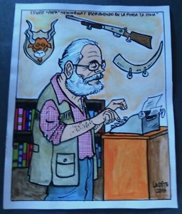 Dibujo cubano de Ernest Hemingway escribiendo en su casa en CUBA / Arte por LACOSTE - Imagen 1 de 5