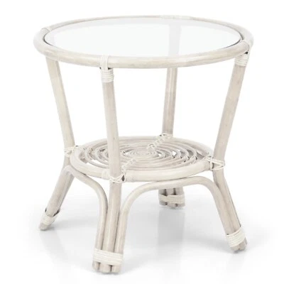 Rich Coffee Round Table with Glass Top Leo Wicker Rattan Handmade, White - Image 1 of 4