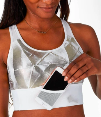 Sujetador deportivo Under Armour UA espalda cruzada estampado sin asas con bolsillo blanco plateado nuevo con etiquetas - L Foto 1 de 4