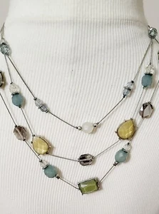 New York & Company Necklace Silver 3 Tier Layered  Green Multi Color Bead 18- 22 - Picture 1 of 3