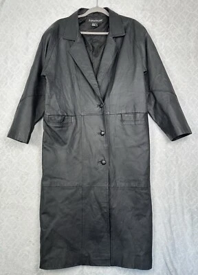 Vtg Leather Trench Coat Women M Black Jacket Cyber Goth Grunge Witchy Steampunk - Image 1 of 4