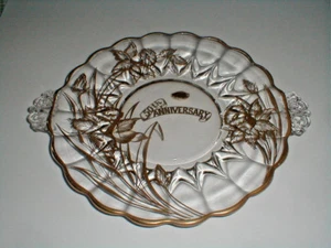 New Martinsville JANICE Gold Overlay 50th Anniversary Handled Cake Plate 36A-8P - Picture 1 of 1