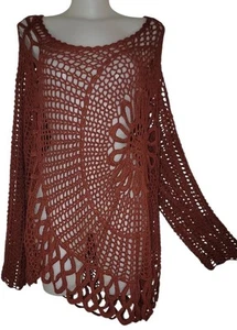 Y2k Womens Rust Open Knit Crochet Lagenlook Boho Festival Cottagecore Top Sz 4X - Picture 1 of 5