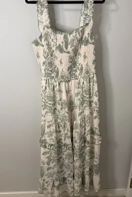 Scarlet Darkness Cottagecore Smocked Floral Sundress Flowy Lined Pockets Green - Image 1 of 4