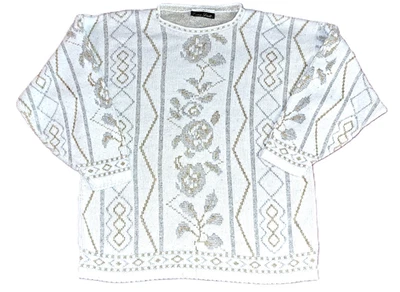 Mujer De Colección DANA SCOTT Blanco Oro Plata Suéter MEDIANO Acrílico Tejido Navidad Foto 1 de 4