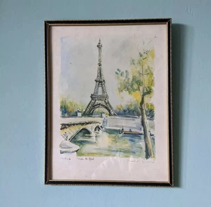 Original 1960 vintage Framed French Print Paris Eiffle Tower Marius Girard uk - Picture 1 of 2