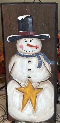 *~* HAND PAINTED SNOWMAN *~* STAR *~* WINTER *~* RECLAIMED WOOD - Image 1 of 2