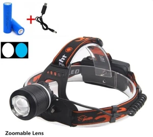 2 LED White Bue Light Head Lamp T6 XPE Torch Zoom Rechargeable Camp Fishing Hike - Picture 1 of 23