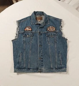 Men's Vintage Retro HOG Harley Sturgis Patches Motorcycle Blue Jean Vest, Size L - Picture 1 of 11