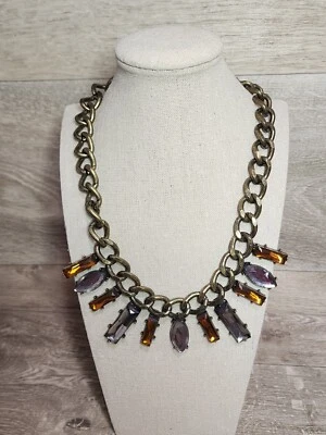 Colar de strass bronze corrente grossa azul claro laranja - Imagem 1 de 4