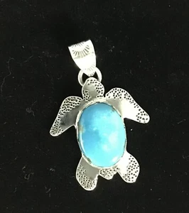 2.1” Kingman Turquoise 925 Silver Necklace Pendant Turtle - Picture 1 of 2