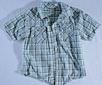 Gymboree button front shirt XS 3/4 tan blue white plaid pearl snap short sleeve - Image 1 of 4