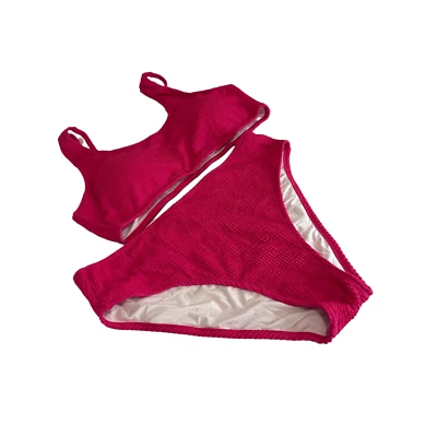 Womens Hot Pink Ribbed 2 Piece Bikini Swim Suit High Waisted Padded Size XL - Image 1 of 4