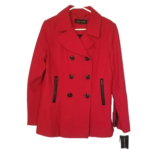 NWT Black Rivet Red Wool Blend Pea Coat Black Trim Double Breasted Size Medium - Picture 1 of 12