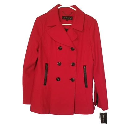 Nuevo con etiquetas Abrigo Negro Remache Rojo Mezcla Lana Guisante Borde Negro Doble Pecho Talla Mediana Foto 1 de 4