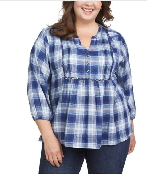 Wrangler Womens Blue Plaid Blouse L Long Sleeve Lightweight Viscose 6581