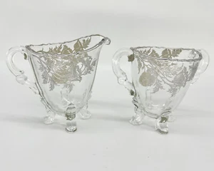 VTG Flanders Silver City Poppy Footed Glass Creamer and Sugar Set Silver Overlay - Picture 1 of 7
