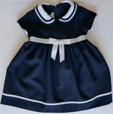 Nuevo sin etiquetas Vestido Bonnie Jean Azul Marino SS Niña 4T Blanco Cuello Lazo Tubería Faja Cremallera Trasera Foto 1 de 4