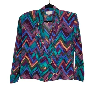 vintage 80s secretary blouse jewel tone long sleeve avant garde art blouse sz 6 - Picture 1 of 10