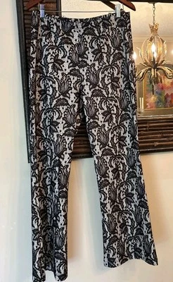KAREN KANE WOMENS PANTS Flare Leg Black Floral Lace White Background Sz. 14 WOW  - Image 1 of 4