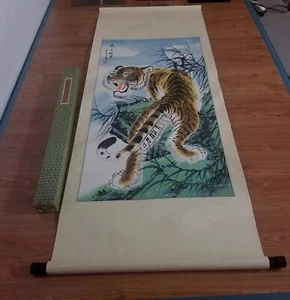 Vtg Asian Art Tiger Hanging Scroll Painting With Box  - Picture 1 of 24