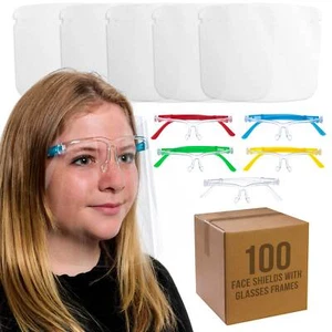 100 Kids Protective Face Shields with Glasses Frames (20 Packs of 5) Anti-Fog - Picture 1 of 5