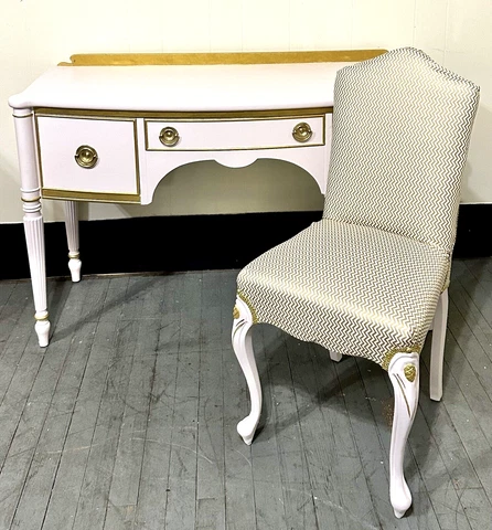 Vintage Hollywood Regency Vanity Desk and Chair Pink Gold Refurbished French Cover