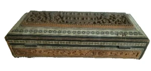 Caja con incrustaciones de madera tallada a mano mogol indio angio vintage joyero decoración - Imagen 1 de 11