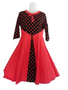 Vintage Retro Polka Dot Red Fit & Flare Knee High Round Collar Polyester Dress M - Picture 1 of 11
