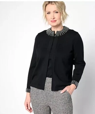 Isaac Mizrahi Live! Chaqueta de punto con detalles de perlas sintéticas Pitch Black XS A620562 Foto 1 de 4