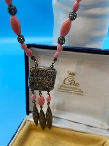 Ciro Box & Salmon Coral Ornate Brass Beads Attached Drop Pendant Necklace VTG - Picture 1 of 17