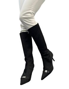 Dior Vintage Trotter Monogram Boots #37 US 7 Heels Black Silver Canvas Rank AB