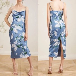 NWT Blue Floral Print Satin Cowl Neck Midi Dress Size M Slit Cocktail Party - Picture 1 of 7