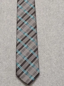 Stafford Mens Tie Sliver Aqua Blue Blk Plaid 100% Polyester  - Picture 1 of 5