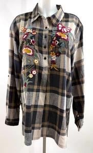 Kyla Seo Long Sleeve Plaid Embroidered Tunic Shirt Blouse Size XL Johnny Like - Picture 1 of 6