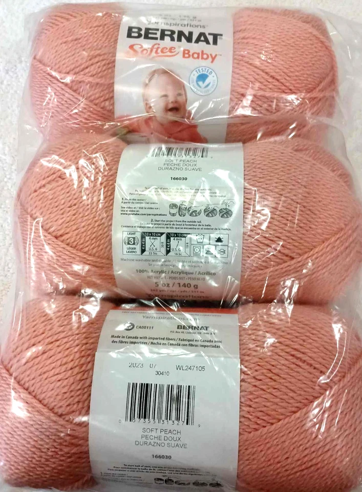 Lote de 3 madejas de hilo para bebé Bernat Softee acrílico #3 melocotón suave claro Foto 1 de 1