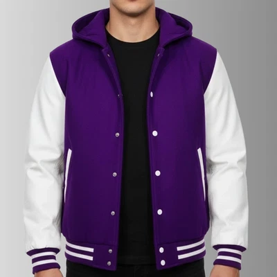 Mens New handmade Varsity Jacket Real Synthetic Leather Sleeves with hoodie. - Image 1 of 3