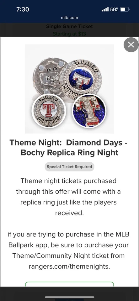 Texas Rangers Bruce Bochy World Series Diamond Days Replica Ring 8/13/25 - Image 1 of 1