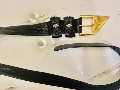 Vintage Genuine Leather Black Belt With Gold Tone Geometric Buckle Stud Details - Image 1 of 4
