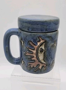 Mara Mexico Stoneware Mug Celestial Sun & Moon Stars Blue Folk Art Pottery w/lid - Picture 1 of 15