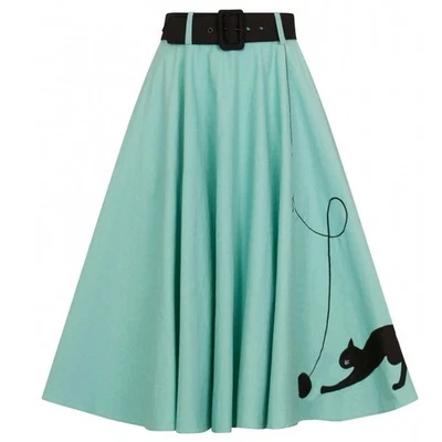 Collectif $78 18/2XL Azul Aqua Negro Apliques Gato Años 50 Falda Columpio con Bolsillos Foto 1 de 4