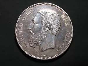 1873 BELGIUM SILVER 5 FRANCS ~ LEOPOLD II ~ KM 24 - Picture 1 of 2