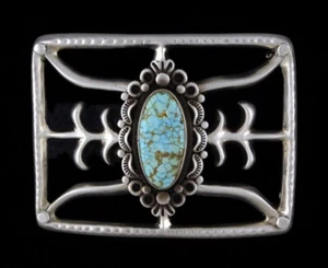 High Grade Natural #8 Turquoise Belt Buckle By Navajo Artist Julius Burbank - Picture 1 of 3