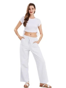 Damen Baumwolle Leinen Hose Sommer Kordelzug Taille Weites Bein Lounge Lockere Hose - Bild 1 von 8