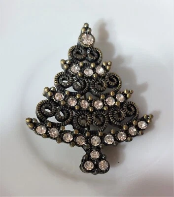 Broche Árbol de Navidad Año Nuevo Vintage con pedrería Tono Bronce Foto 1 de 4