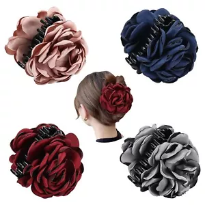 4 Pack Black Plastic Hair Claws with Big Large Rose Flower Floral Bow Clips B... - Picture 1 of 7