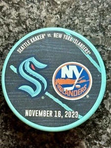 Seattle Kraken New York Islanders Matchup Puck 11/16/23 SO WIN Climate Pledge - Picture 1 of 5