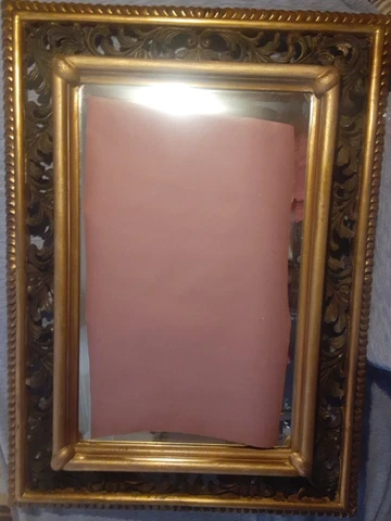 VINTAGE HEAVILY CARVED WOOD & GESSO GOLD PAINTED BEVELED GLASS ROPE EDGE MIRROR Cover