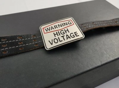 Warning High Voltage Belt Buckle Engraved Chrome Square - Image 1 of 4