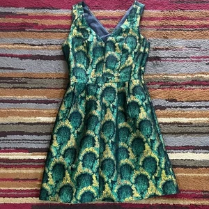 J Crew Sheath Dress Womens Size 0 Green Gold Geometric Sleeveless Short  - Picture 1 of 13